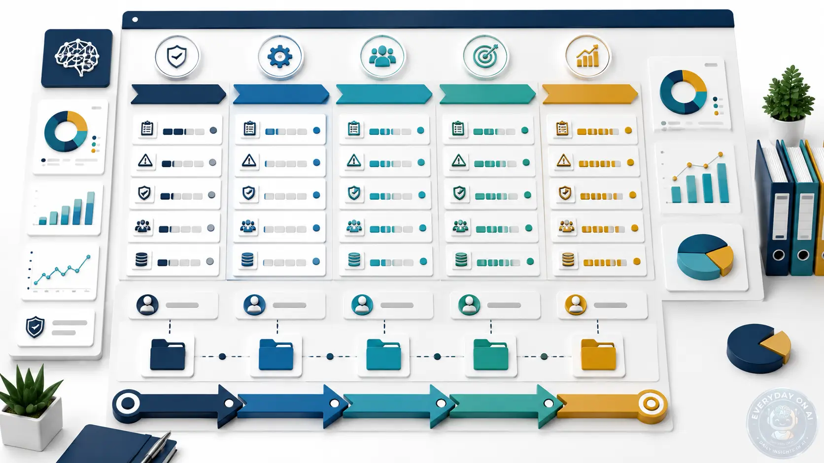 AI governance maturity model template with five readiness levels, scorecards, evidence folders, and roadmap arrows