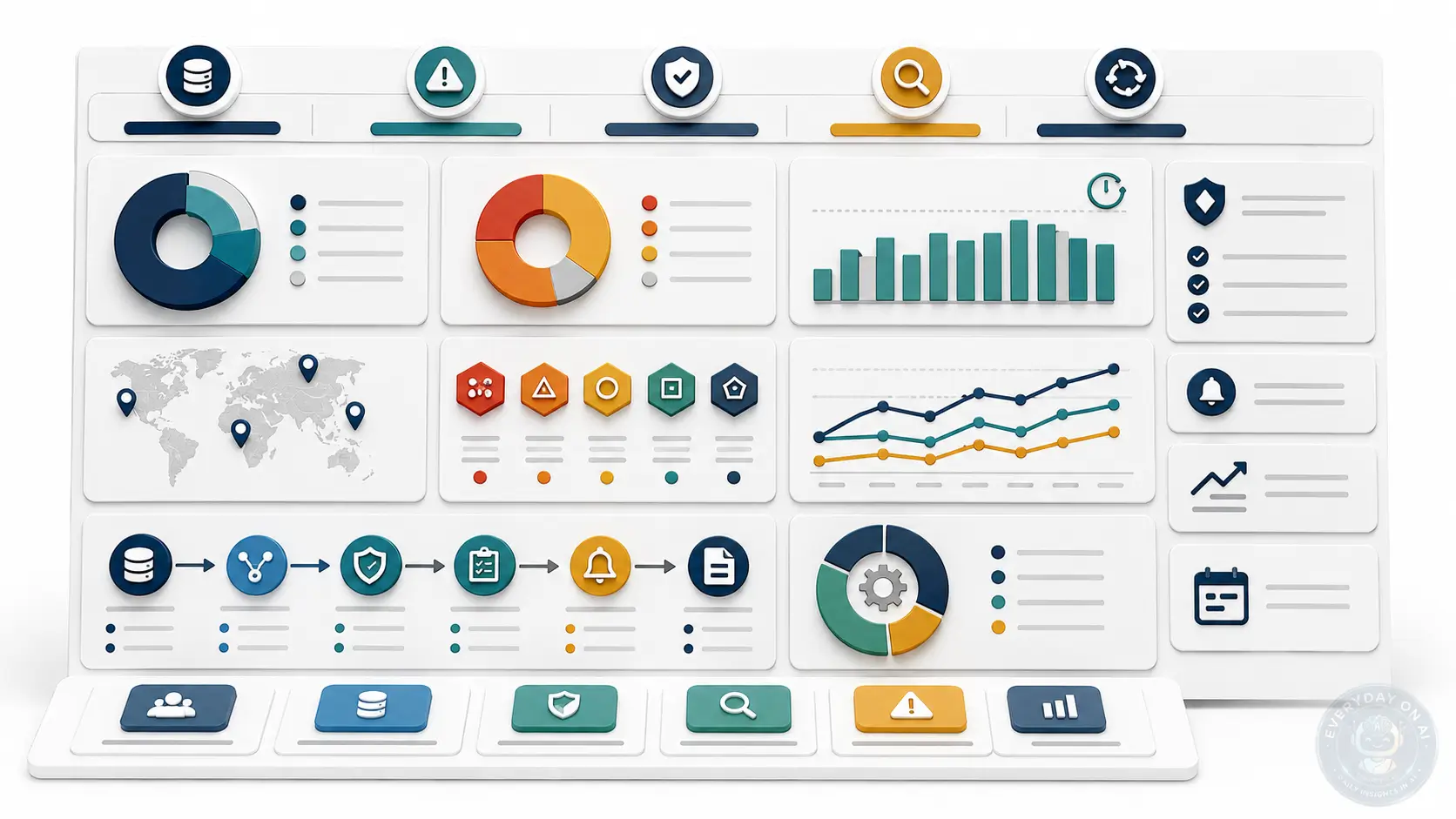 AI governance metrics board with inventory coverage, risk classification, evidence freshness, and monitoring loops